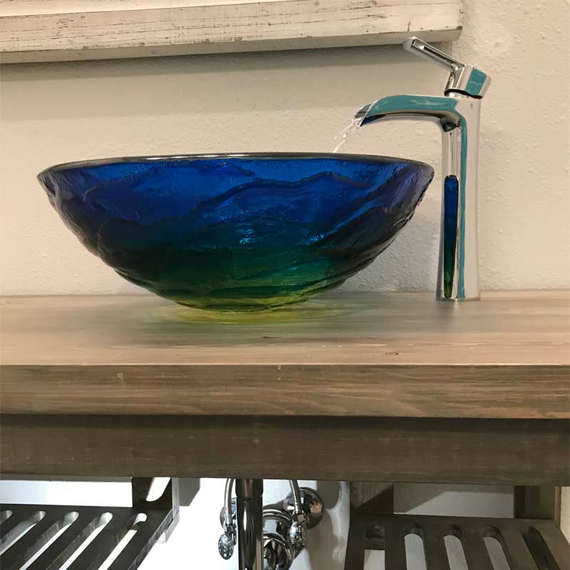 Blue Glass vessel bowl sink with single handle chrome faucet and chrome drain pipes